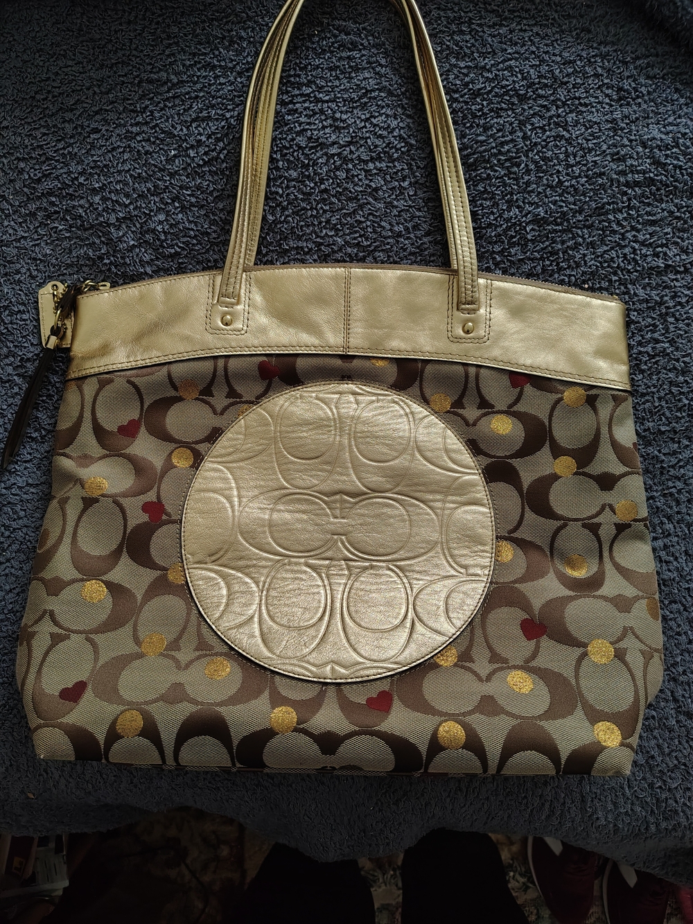 Coach Metallic Gold-Trim Signature Tote with Red Accents